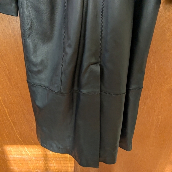 Vintage 90s grunge black leather fur collar full length trench coat button down - Picture 5 of 11